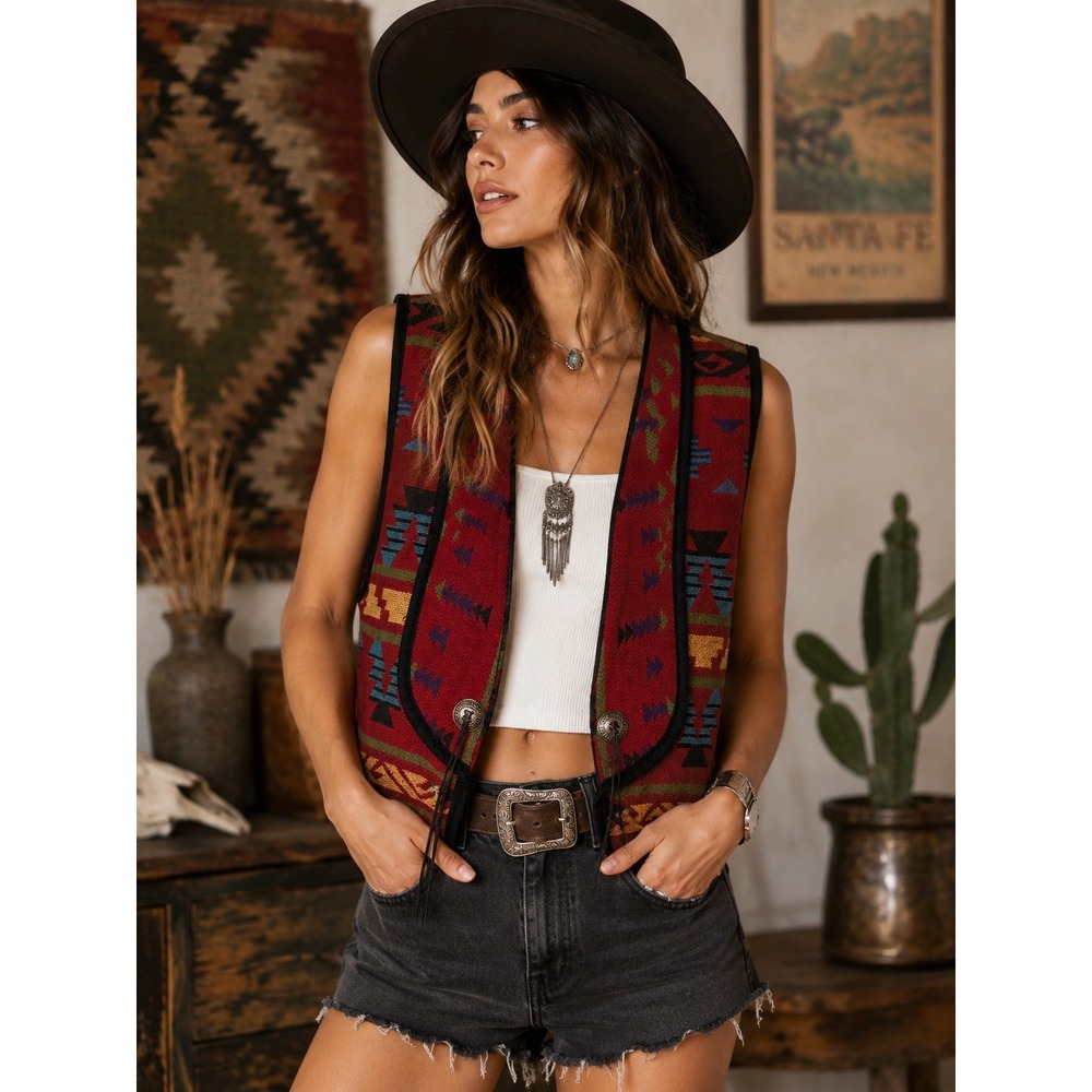 Silverado Southwest Tapestry Vest Red Geometric Concho Western Boho Womens M